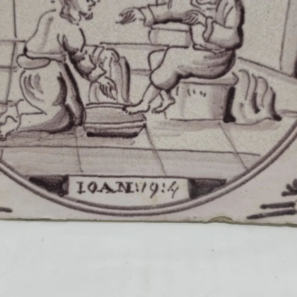 18TH CENTURY DUTCH DELFT MANGANESE & WHITE TILE IOAN 1 9:4 Washing The Feet
